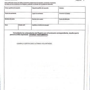 Ejemplo de Certificado de Últimas Voluntades oficial del Ministerio de Justicia